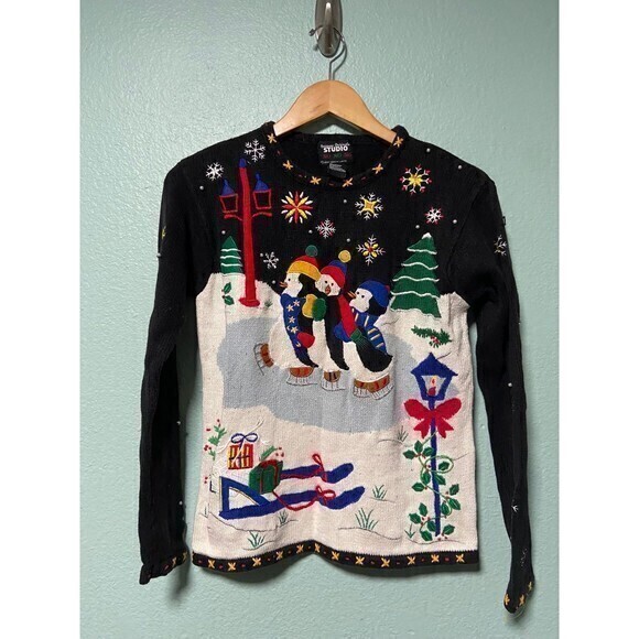 Designers Originals Women's Snowman Penguin Holiday Winter Black Sweater PS - Picture 1 of 9